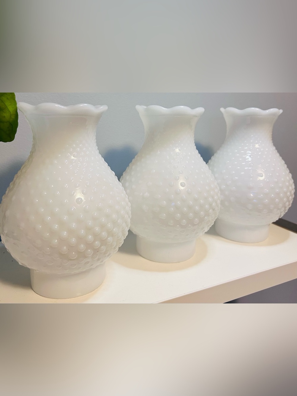 VTG Milk Glass Hobnail Hurricane Lamp Shade Ruffled Edge Globe- Set of 3